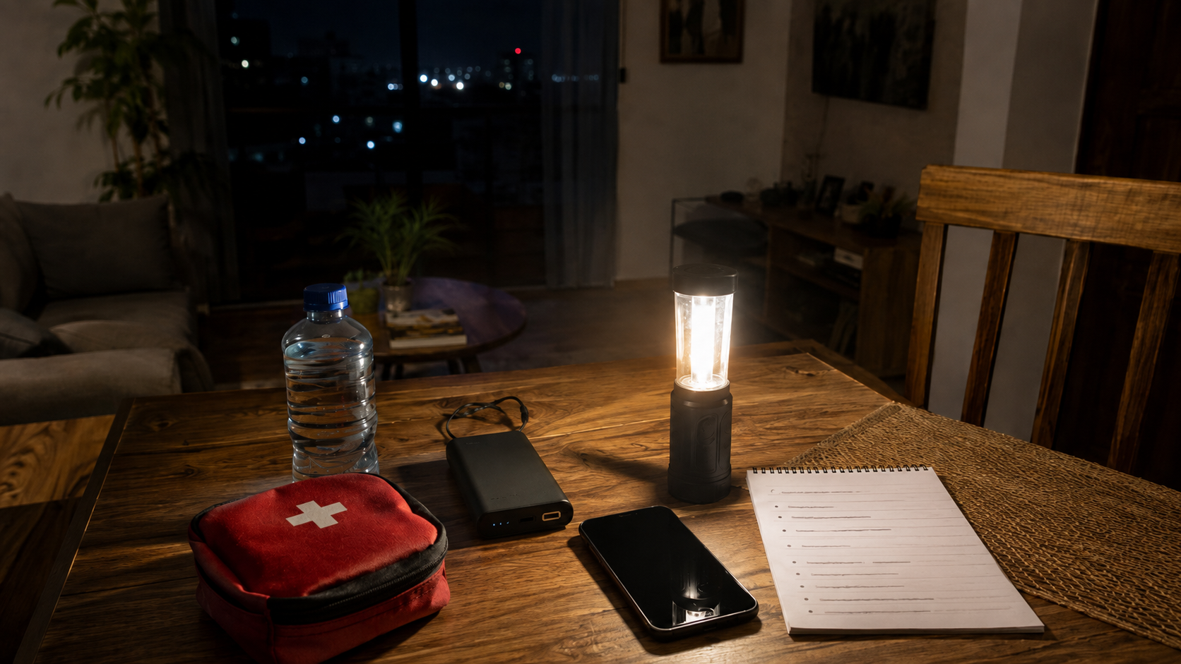 Linterna encendida sobre una mesa con un celular, agua y elementos básicos durante un apagón en casa.